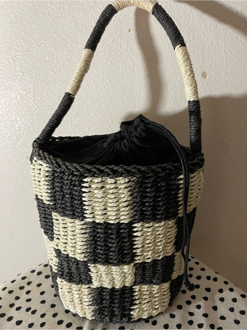Forever 21 Black and Cream Checkered Woven Bucket Mini Bag